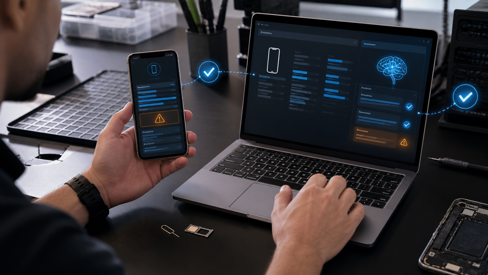 Technician comparing phone identity data with verification signals for IMEI API Check: How Businesses Automate Device Verification