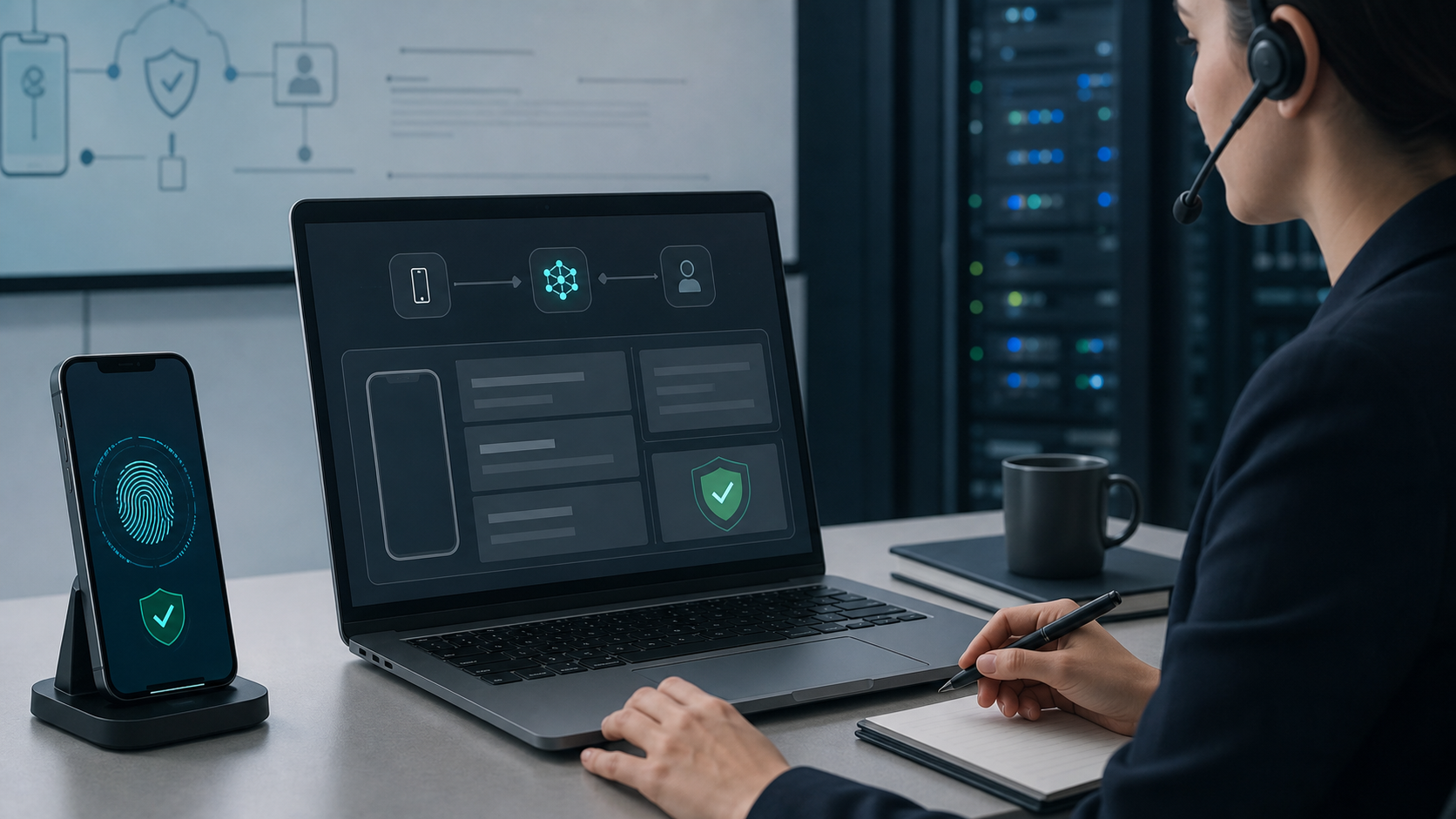 Privacy-focused phone verification workflow with secure device data connected with Device Database