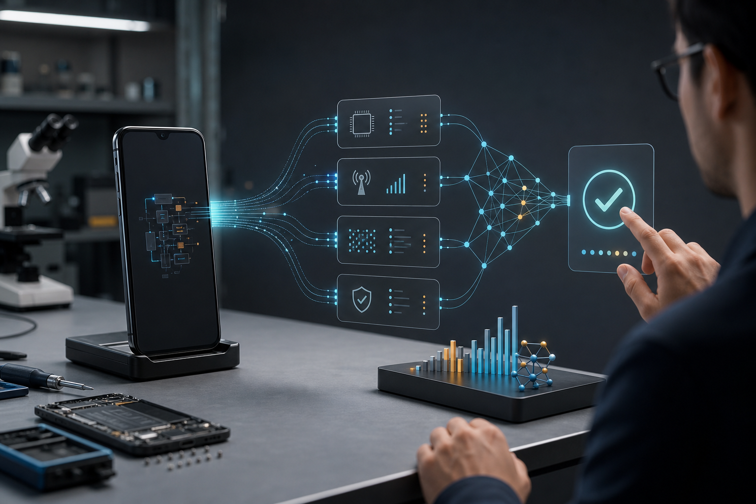 AI-assisted IMEI verification workflow with phone data, validation signals and technician review